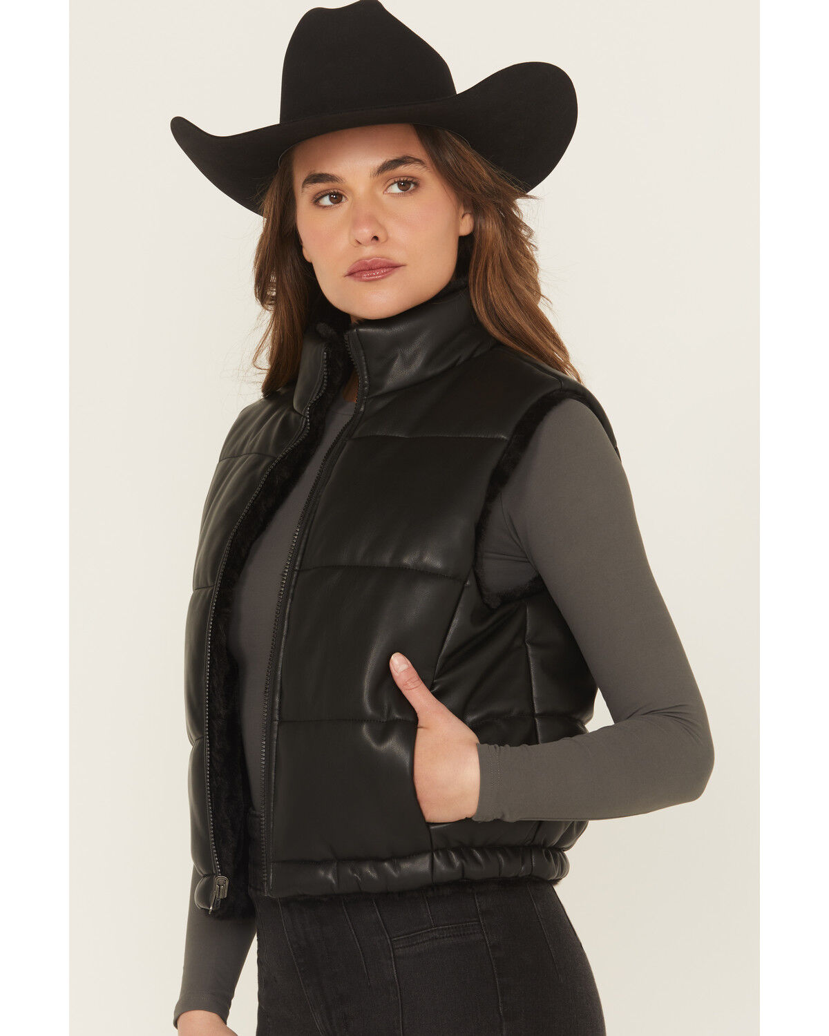 Image #2 - Ariat Women's Echo Faux Leather Reversible Puffer Vest, Black, hi-res