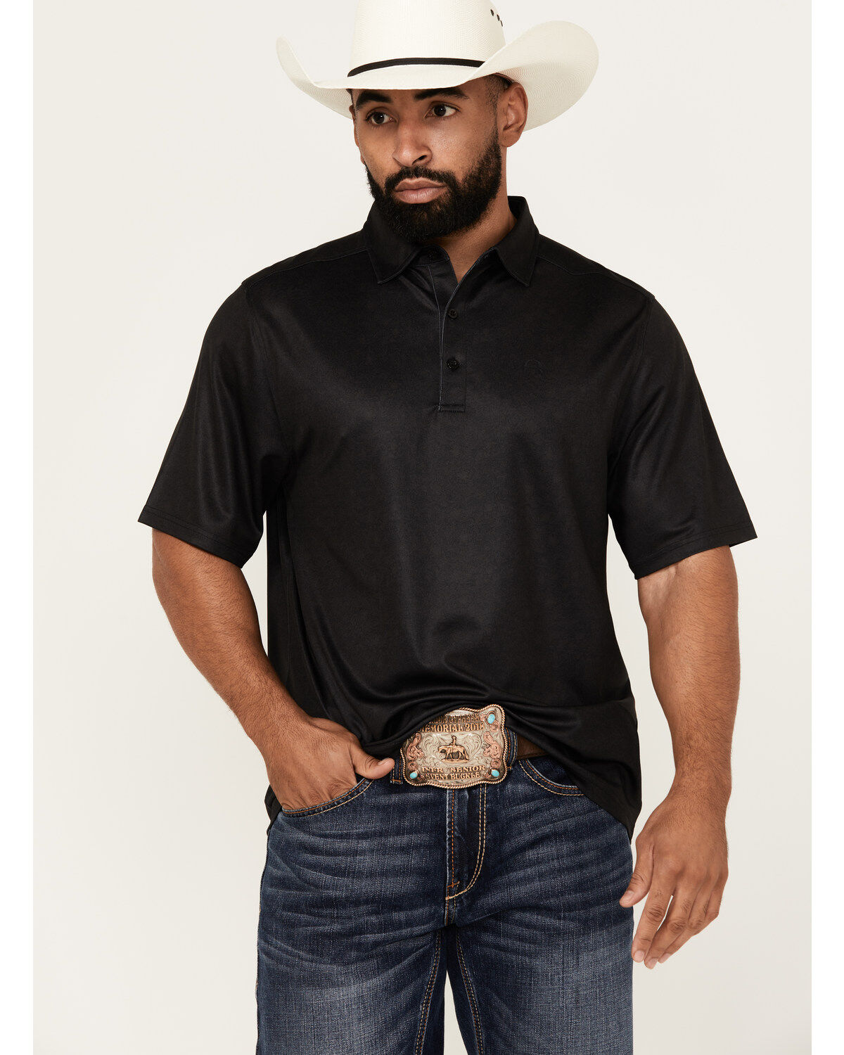 Image #1 - Cinch Men's ARENAFLEX Solid Short Sleeve Polo Shirt, Black, hi-res