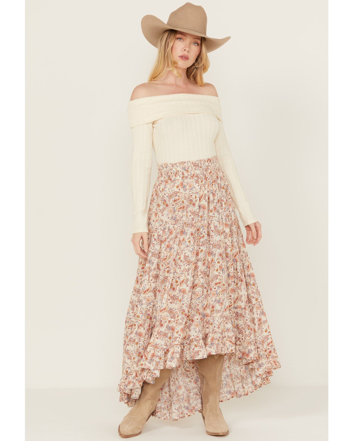 Wild Moss Women's Floral Print Skirt, Ivory, hi-res