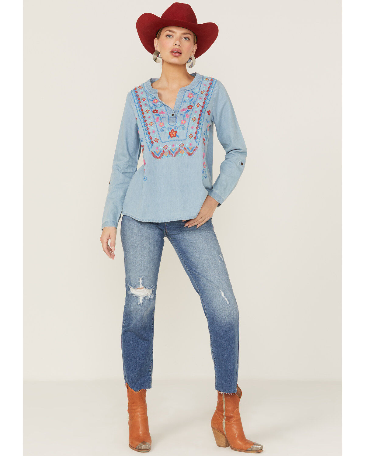 Image #5 - Roper Women's Embroidered Front Southwestern Denim Pullover Shirt, Blue, hi-res
