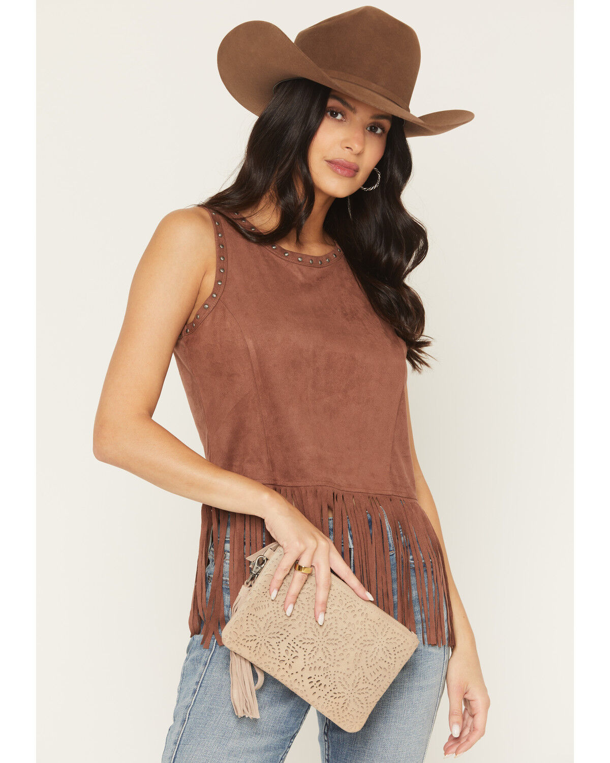 Image #1 - Shyanne Women's Avenly Floral Perforated Suede Wristlet Clutch, Tan, hi-res