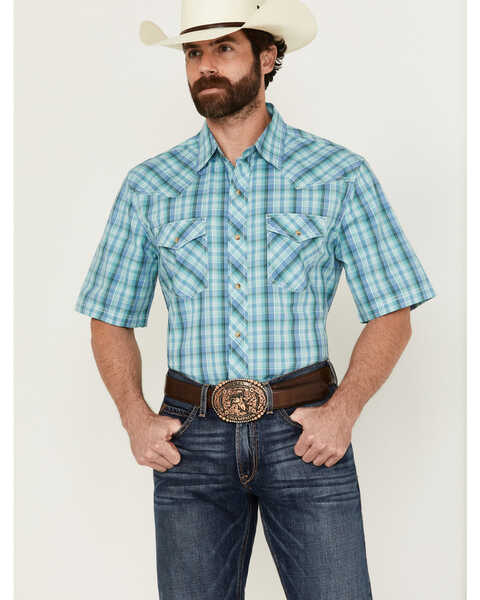 Wrangler 20X Men's Plaid Print Short Sleeve Snap Stretch Western Shirt - Tall , Blue, hi-res