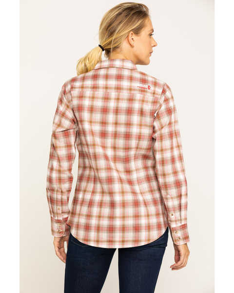 Image #2 - Ariat Women's Boot Barn Exclusive FR Victoria Plaid Print Long Sleeve Work Shirt , Orange, hi-res