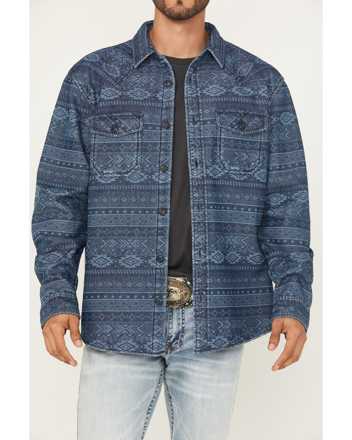 Image #3 - Cody James Men's Tonal Southwestern Print Fleece Lined Shirt Jacket, Indigo, hi-res