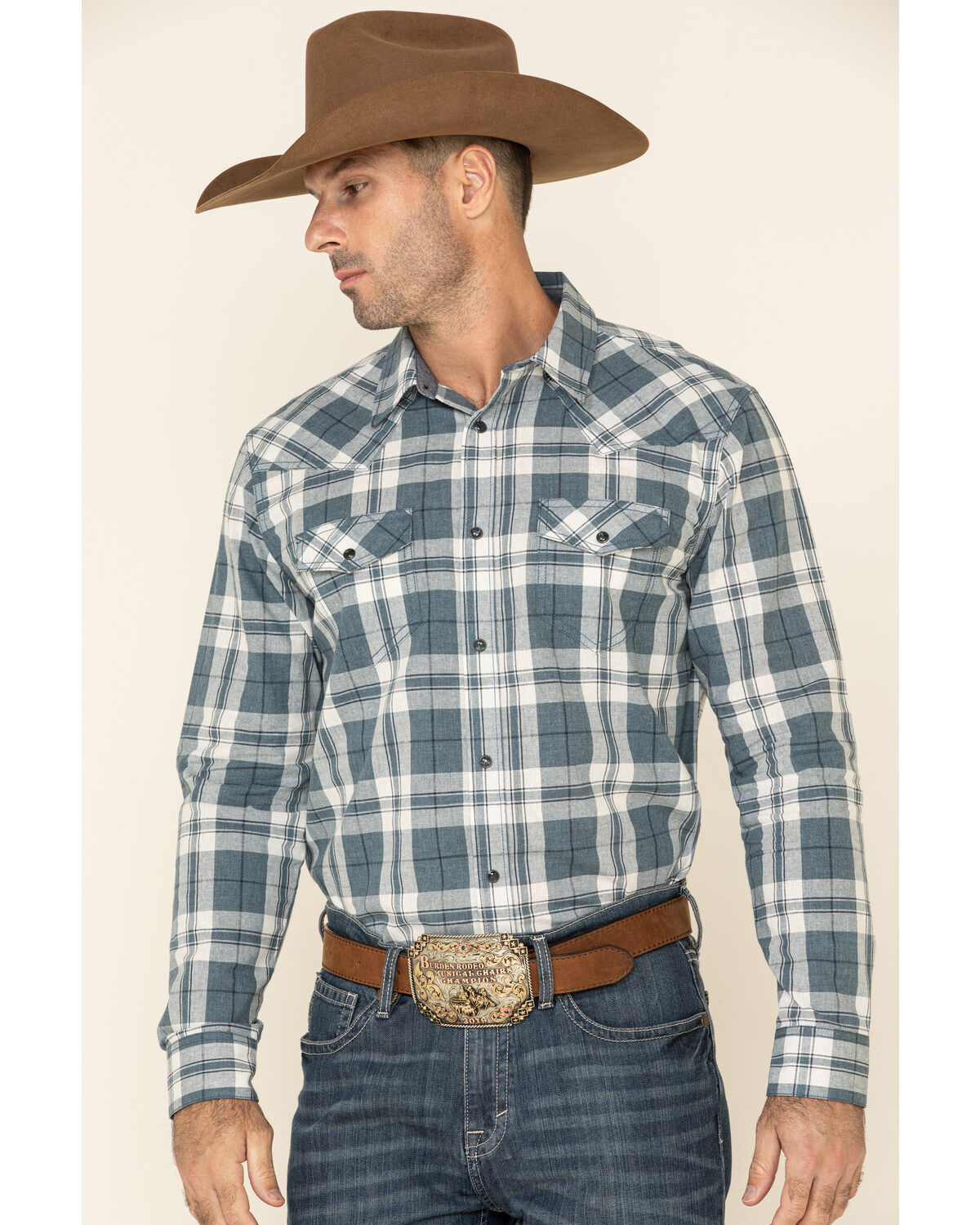 Image #1 - Cody James Men's Static Large Plaid Long Sleeve Western Shirt, Cream/blue, hi-res