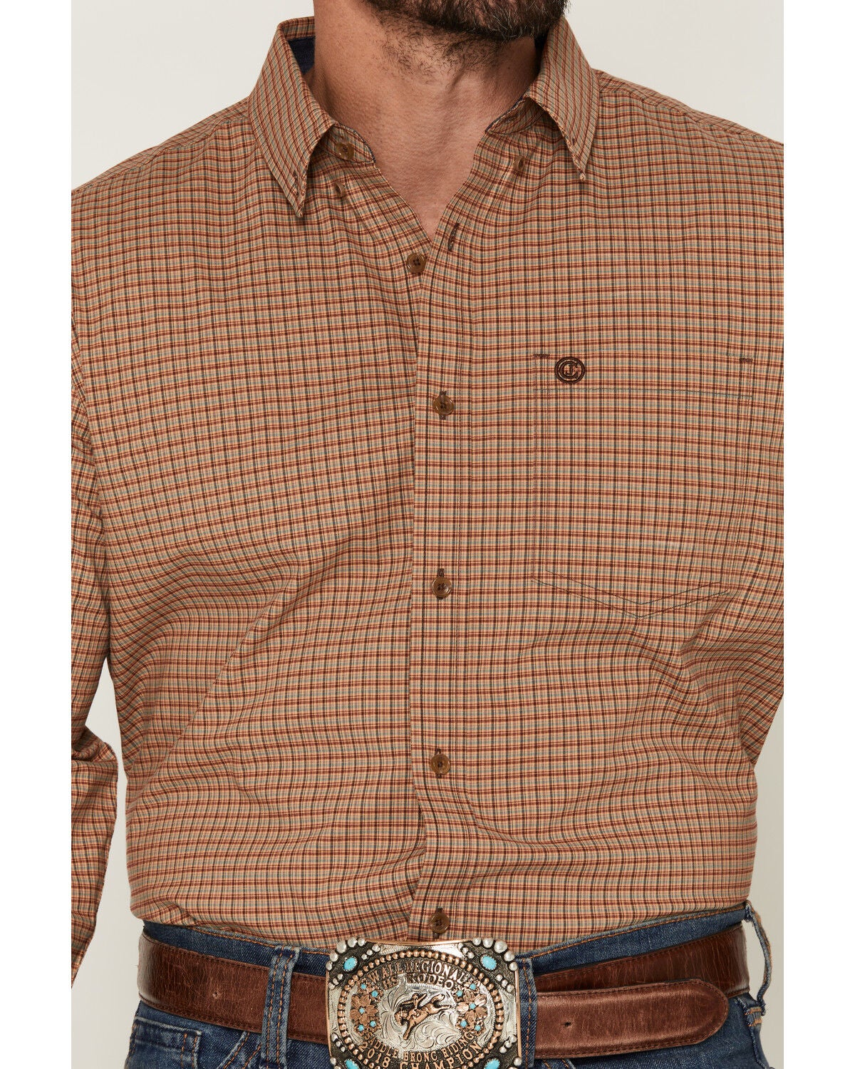 Image #3 - Cody James Men's Fold Nugget Plaid Print Long Sleeve Button-Down Stretch Western Shirt, Tan, hi-res