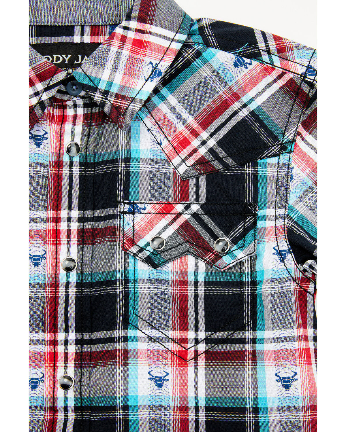 Image #2 - Cody James Toddler Boys' Steerhead Plaid Print Short Sleeve Snap Western Shirt, Navy, hi-res