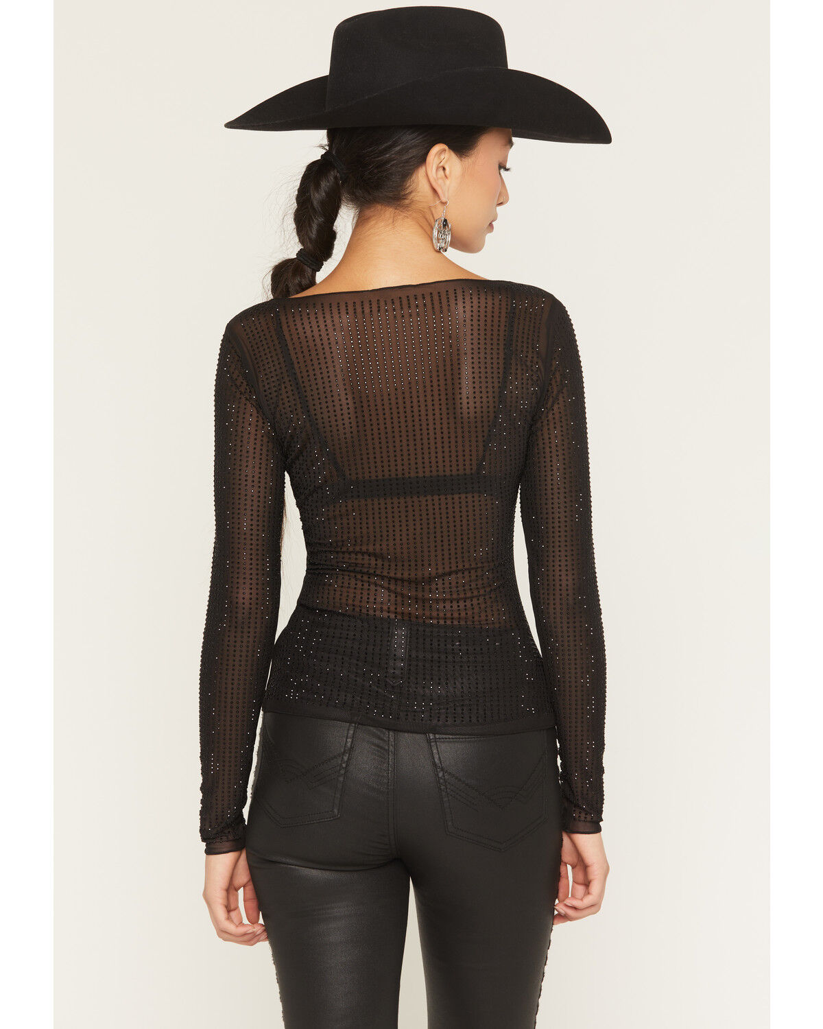 Image #4 - Idyllwind Women's Hollyhock Rhinestone Mesh Long Sleeve Shirt, Black, hi-res