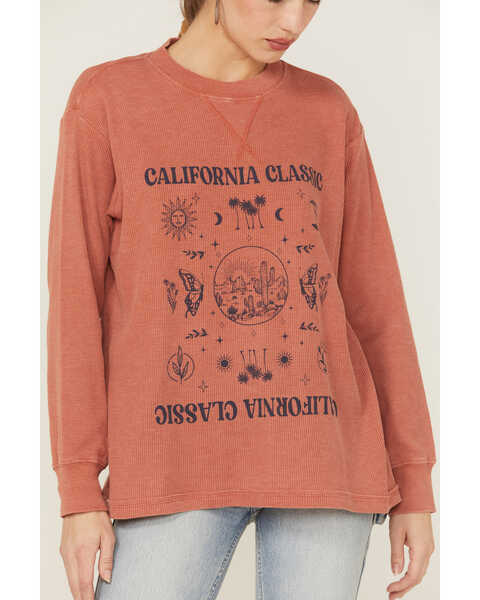 Cleo + Wolf Women's California Classic Graphic Thermal Pullover Sweatshirt, Brick Red, hi-res