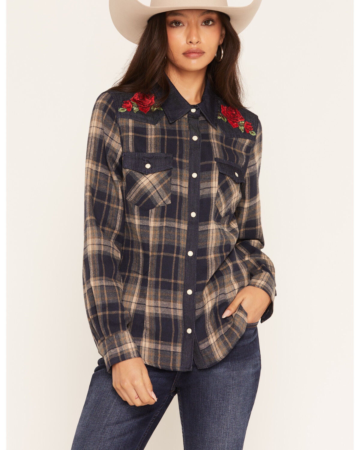 Rodeo Quincy X Boot Barn Women's Rose Western Plaid Print Long Sleeve Snap Flannel Shirt, Blue, hi-res