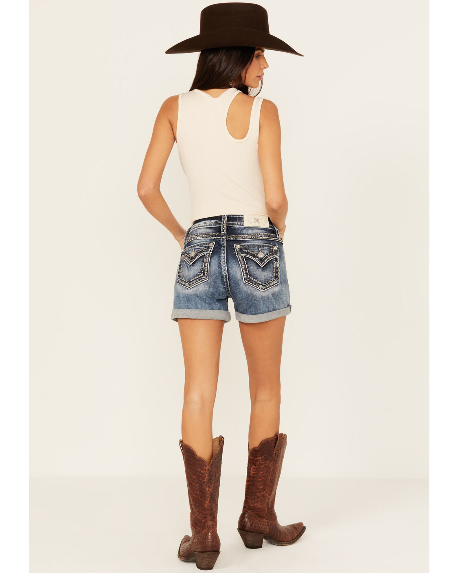 Miss Me Women s Dark Wash Mid Rise Rolled Hem Border Pocket Stretch Denim Shorts Boot Barn