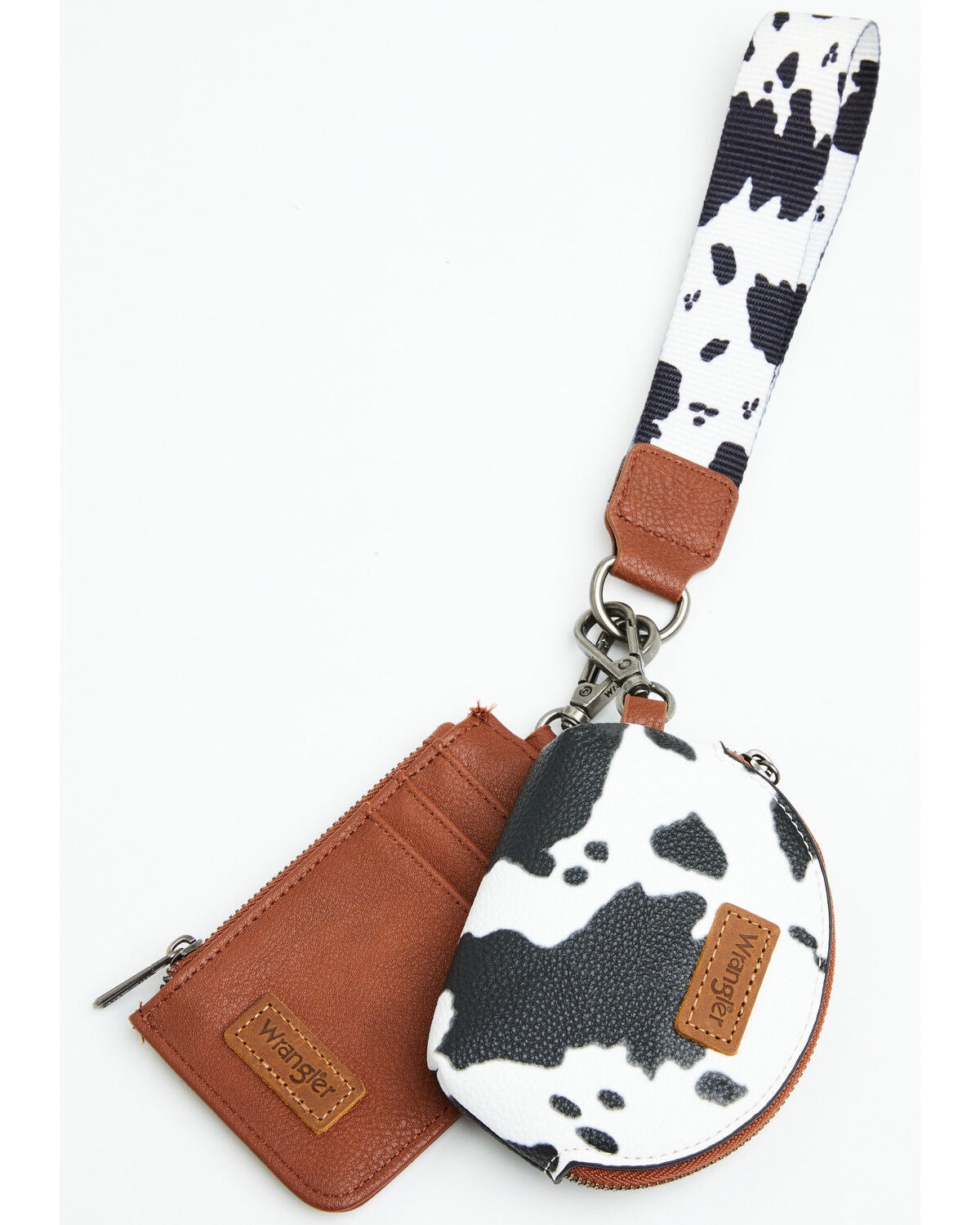 Wrangler Women's Boot Barn Exclusive Daisy Cow Print Dual Pouch Wristlet, Brown, hi-res