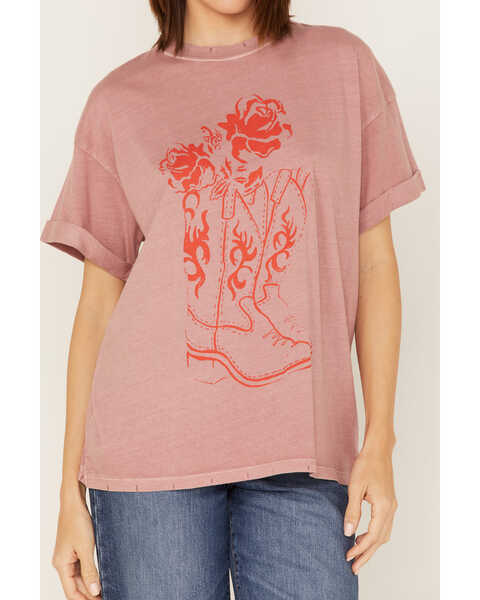 Image #3 - Girl Dangerous Women's Floral Cowgirl Boots Graphic Oversized Tee, Pink, hi-res