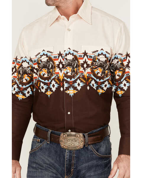 Panhandle Men's Southwestern Horseshoe Border Print Long Sleeve Snap Western Shirt , Natural, hi-res