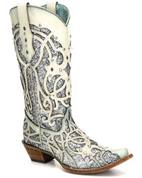 Image #1 - Corral Women's White Turquoise Glitter Chameleon Sun Boots - Snip Toe , White, hi-res