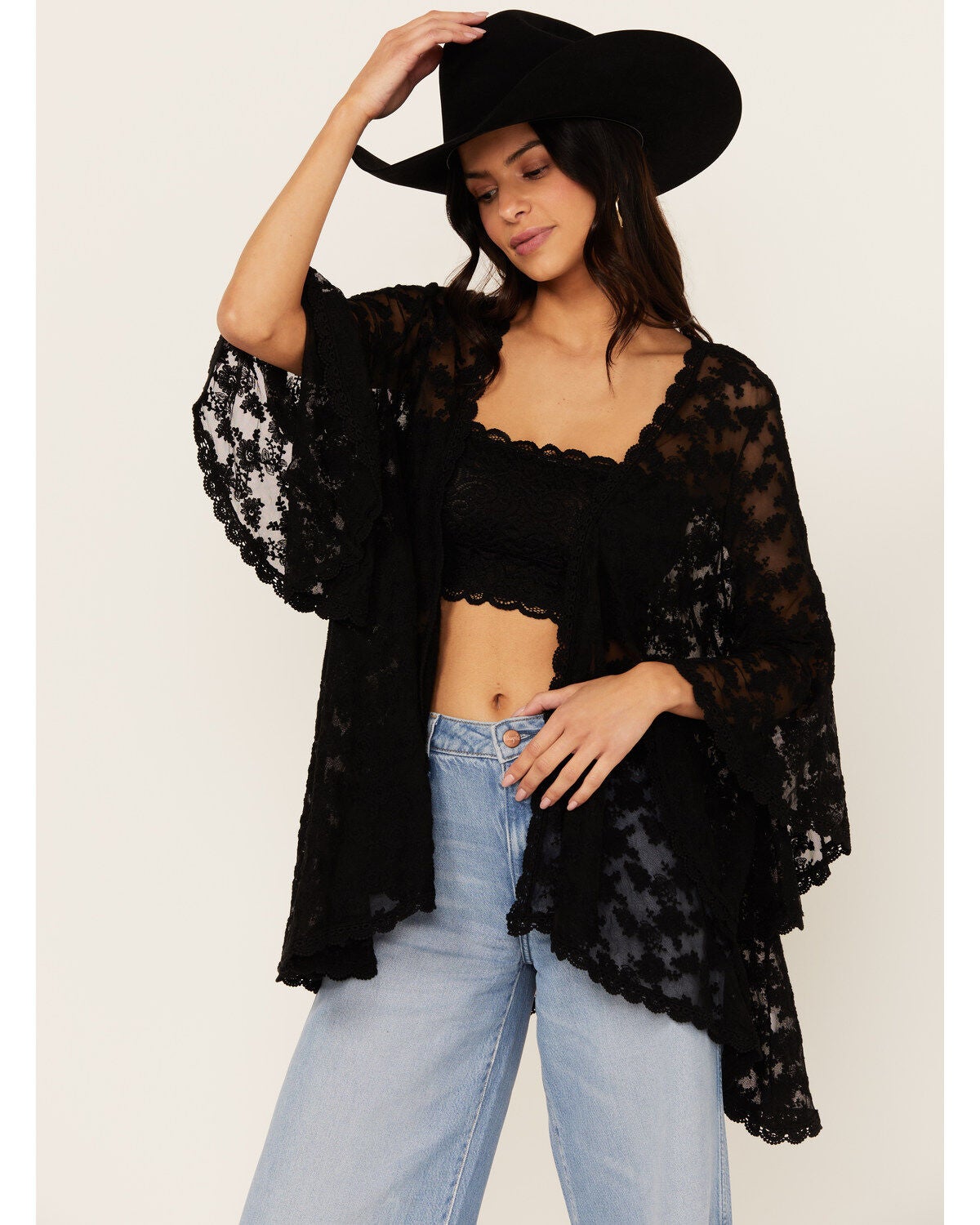 Cotton & Rye Women's Lace Kimono, Black, hi-res