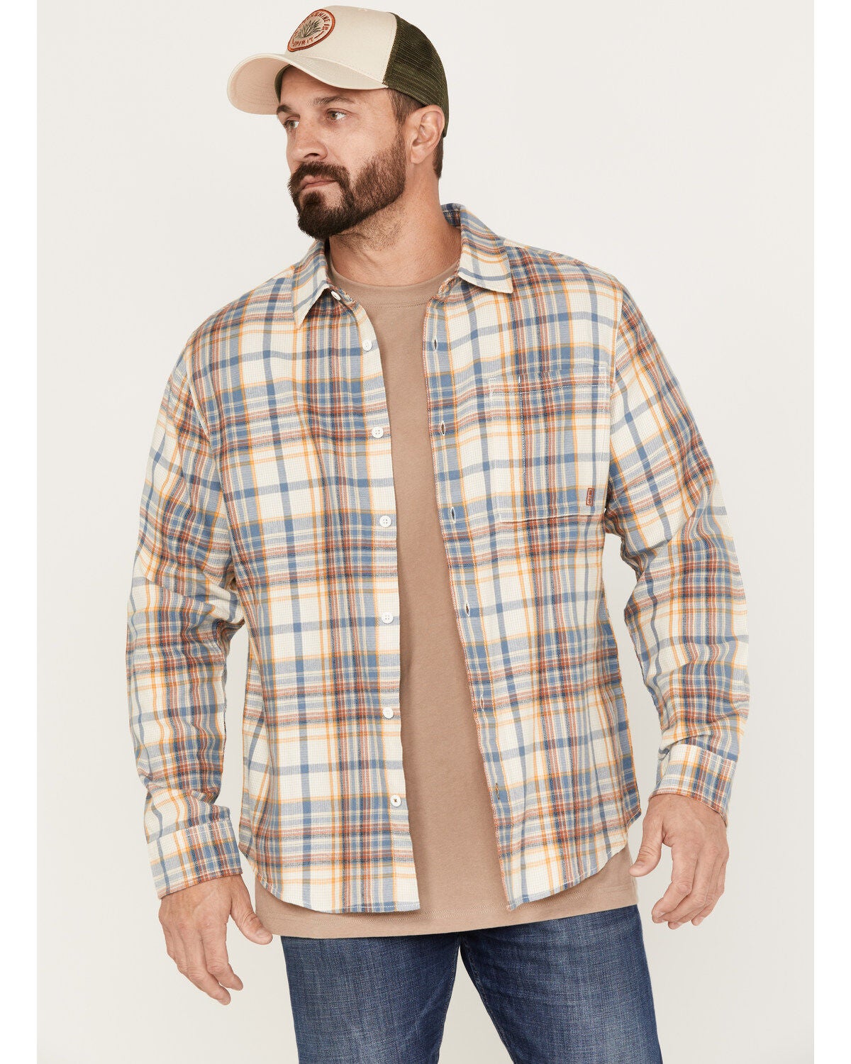 Brothers and Sons Men's Casual Plaid Print Long Sleeve Woven Shirt, Brown, hi-res