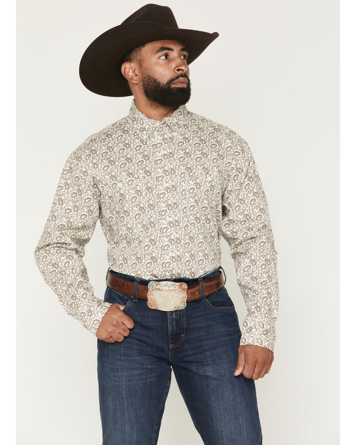 Image #1 - George Strait by Wrangler Men's Paisley Print Long Sleeve Button-Down Stretch Western Shirt - Tall, Brown, hi-res