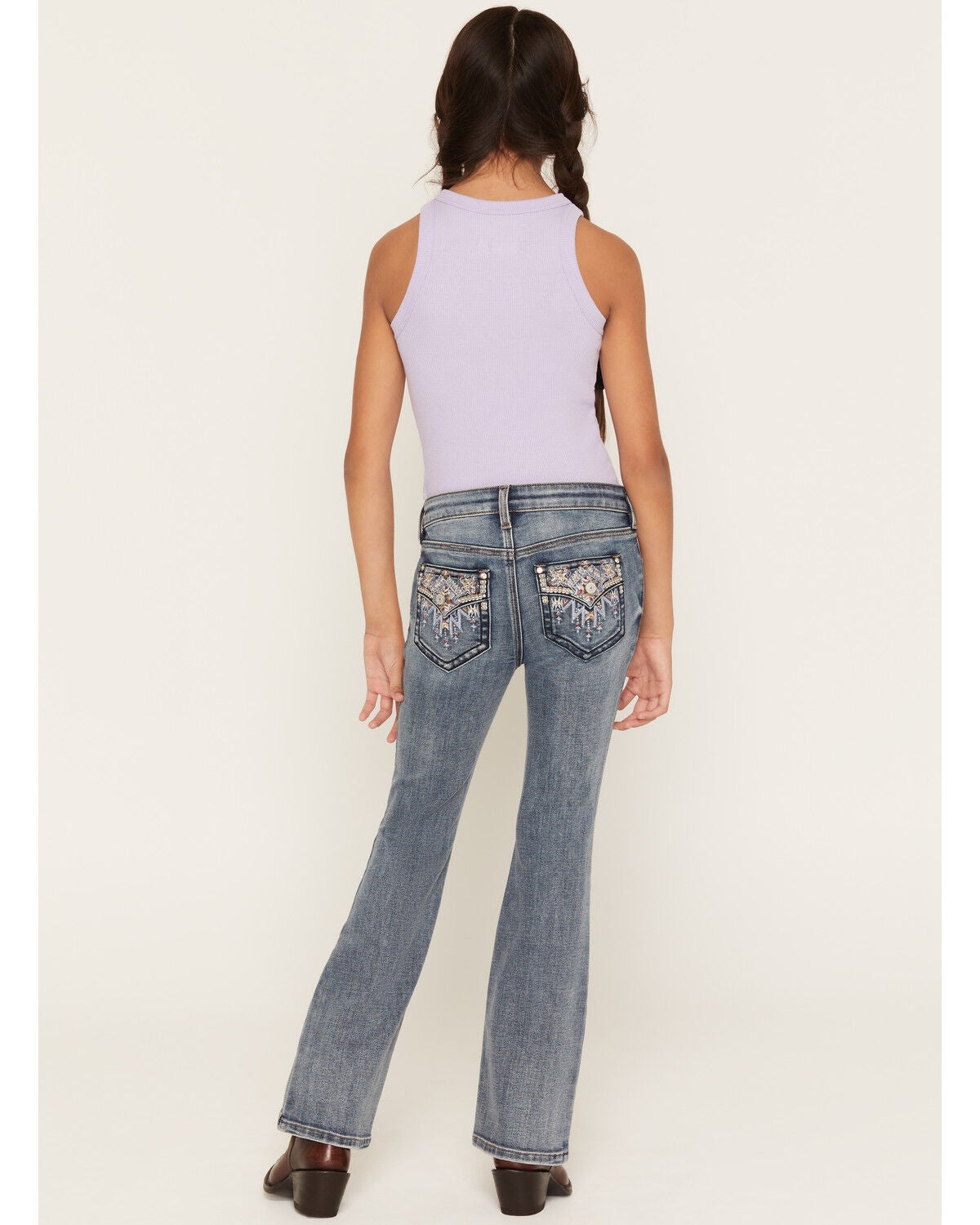 Image #1 - Shyanne Girls' Shay Medium Wash Southwestern Pocket Bootcut Stretch Denim Jeans, Medium Wash, hi-res