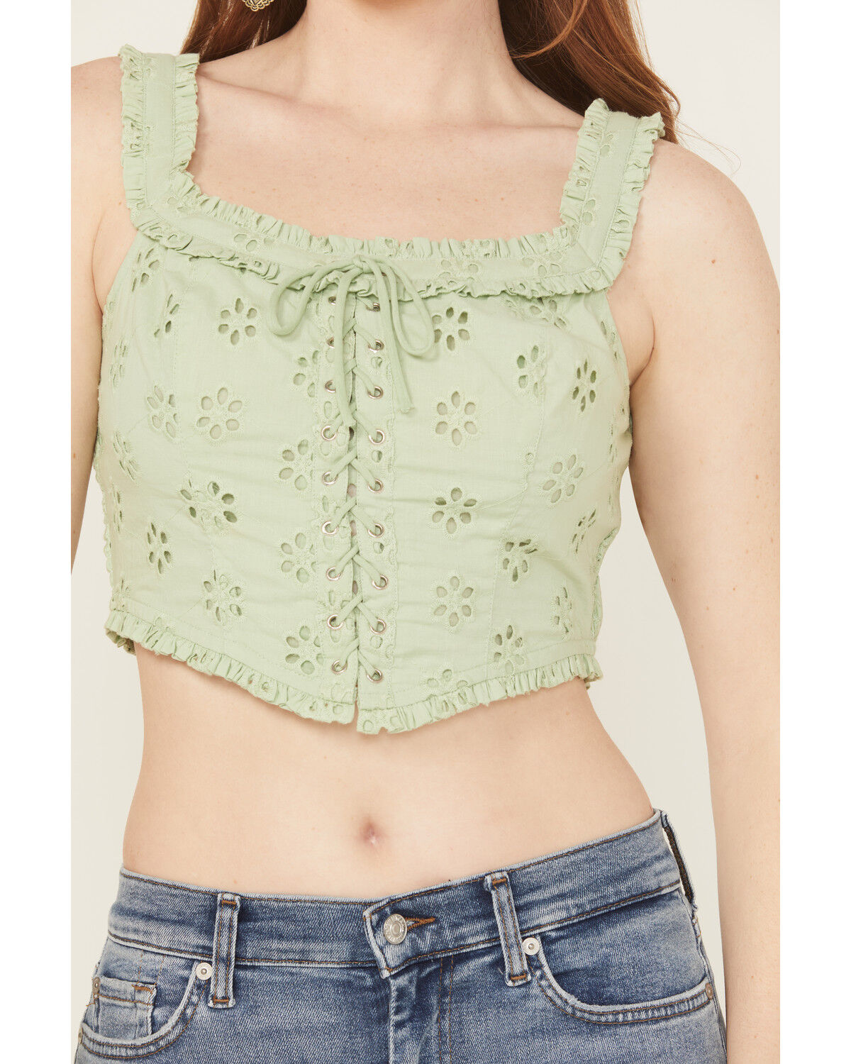 Image #3 - Rock & Roll Denim Women's Sleeveless Eyelet Corset Style Top, Jade, hi-res
