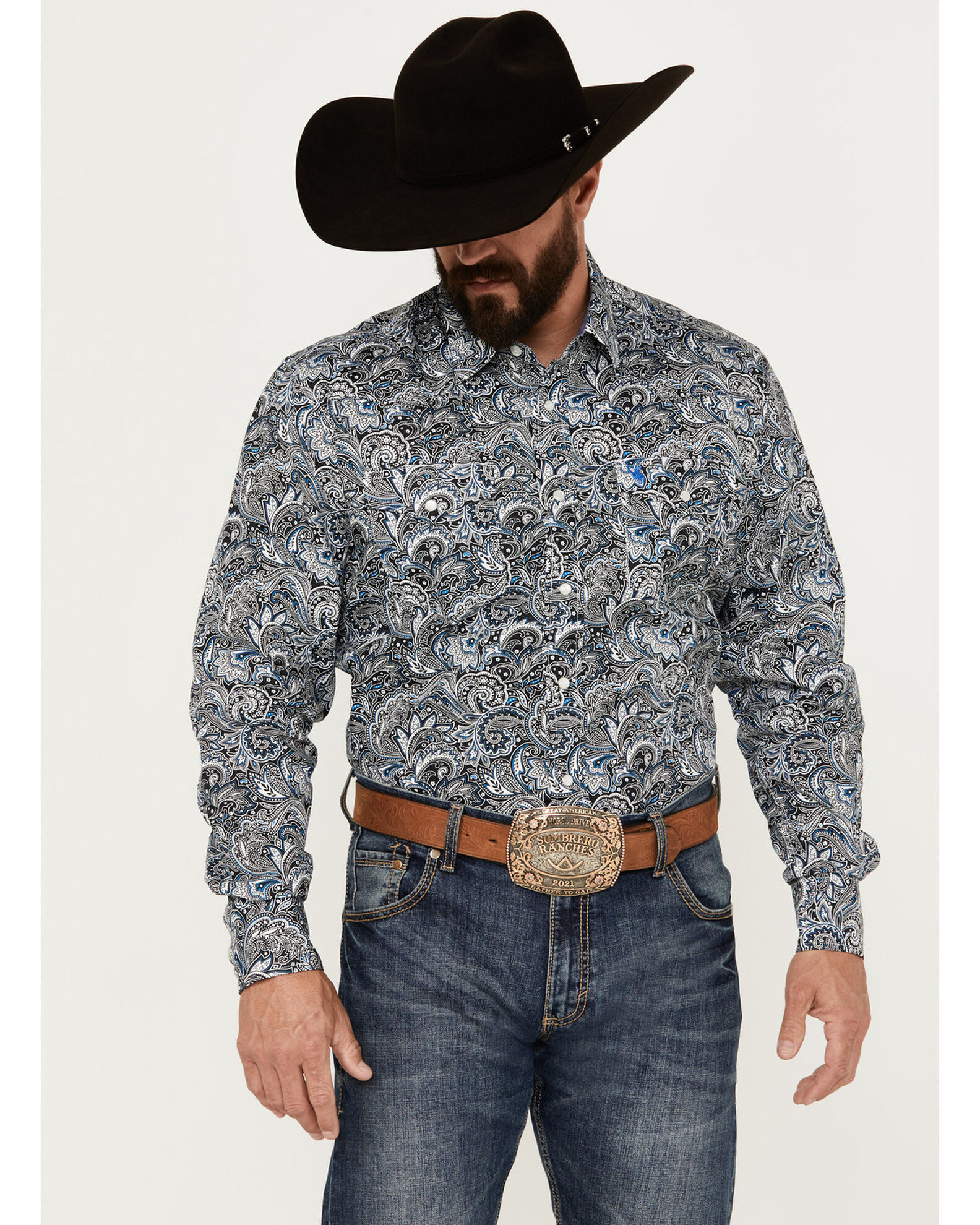 Rodeo Clothing Men's Paisley Print Long Sleeve Pearl Snap Western Shirt