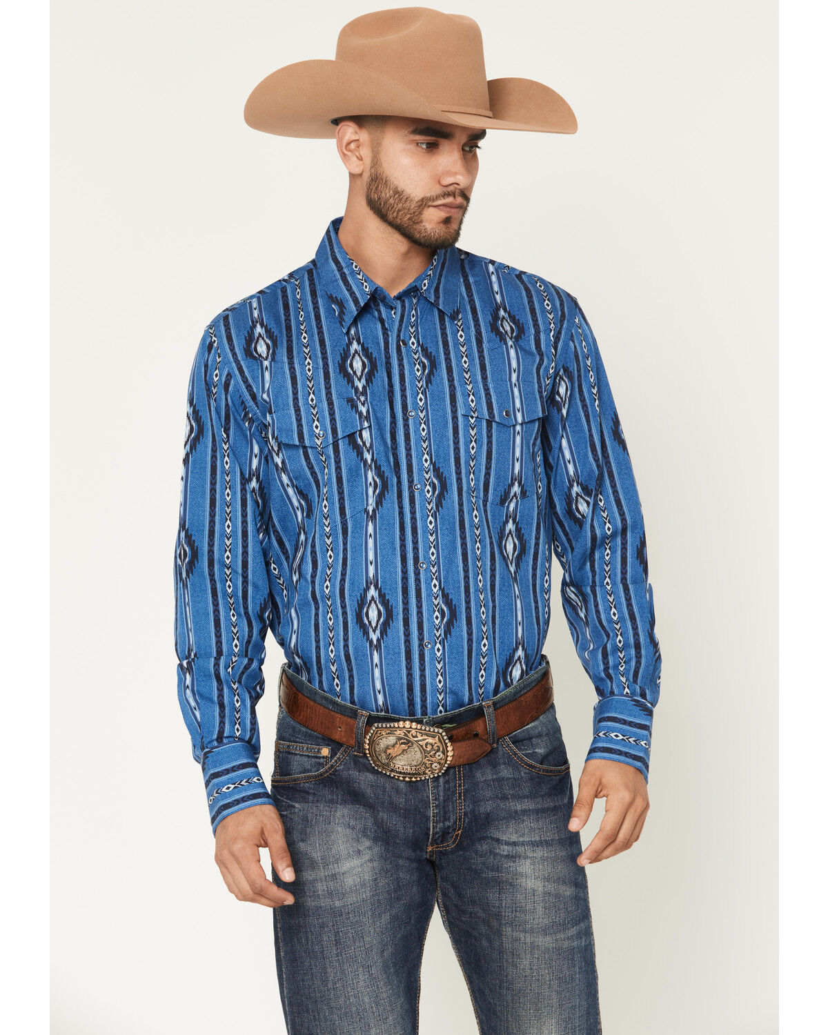 Image #1 - Wrangler Men's Checotah Southwestern Print Long Sleeve Snap Western Shirt, Blue, hi-res