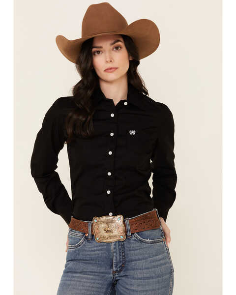 Cinch Women's Western Weave Pocket Shirt, Black, hi-res