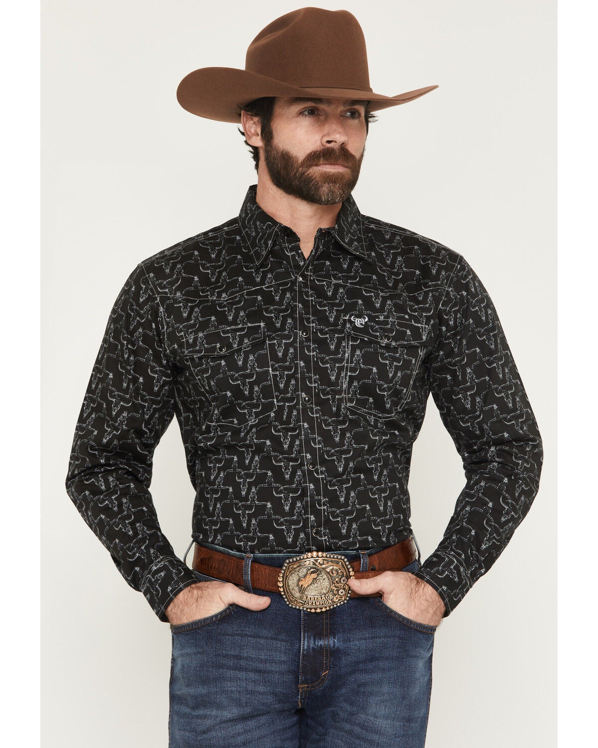 Cowboy Hardware Men's Hombre Skull Long Sleeve Snap Stretch Western Shirt, Black, hi-res