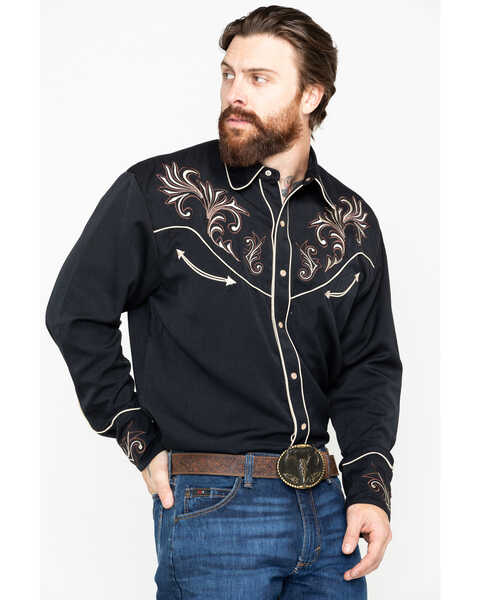 Scully Men's Embroidered Long Sleeve Western Shirt , Black, hi-res