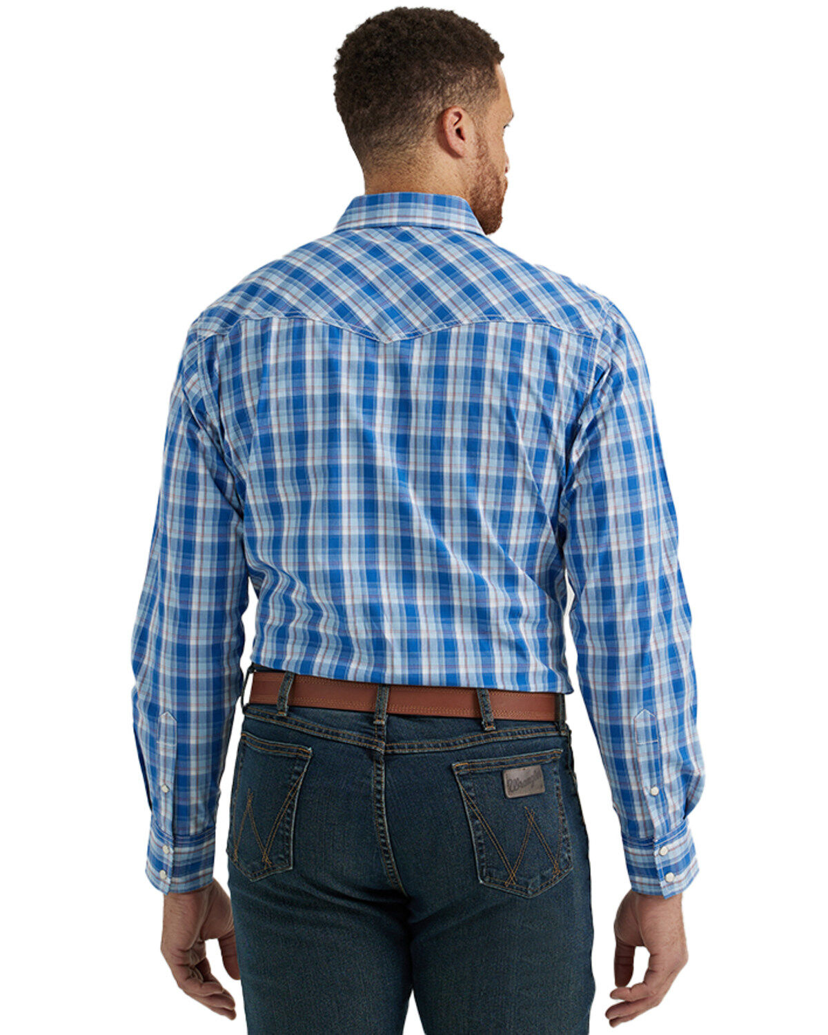 Image #3 - Wrangler Men's 20X Plaid Print Long Sleeve Snap Stretch Western Shirt, Blue, hi-res