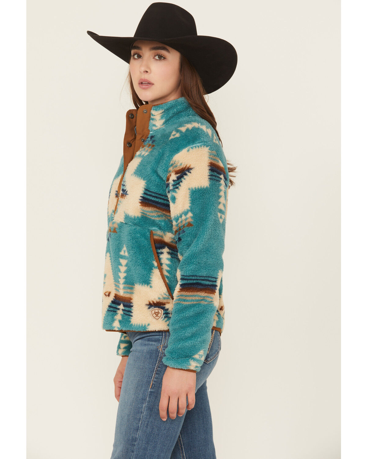 Image #3 - Ariat Women's Southwestern Print Berber Pullover, Teal, hi-res