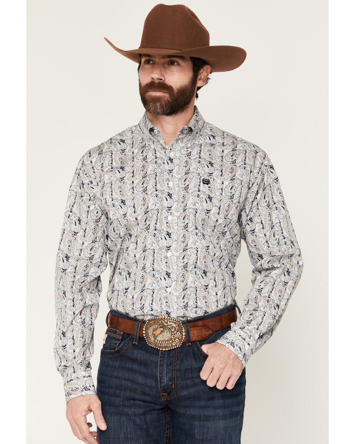 Image #1 - Cinch Men's Paisley Print Long Sleeve Button-Down Western Shirt, Cream, hi-res