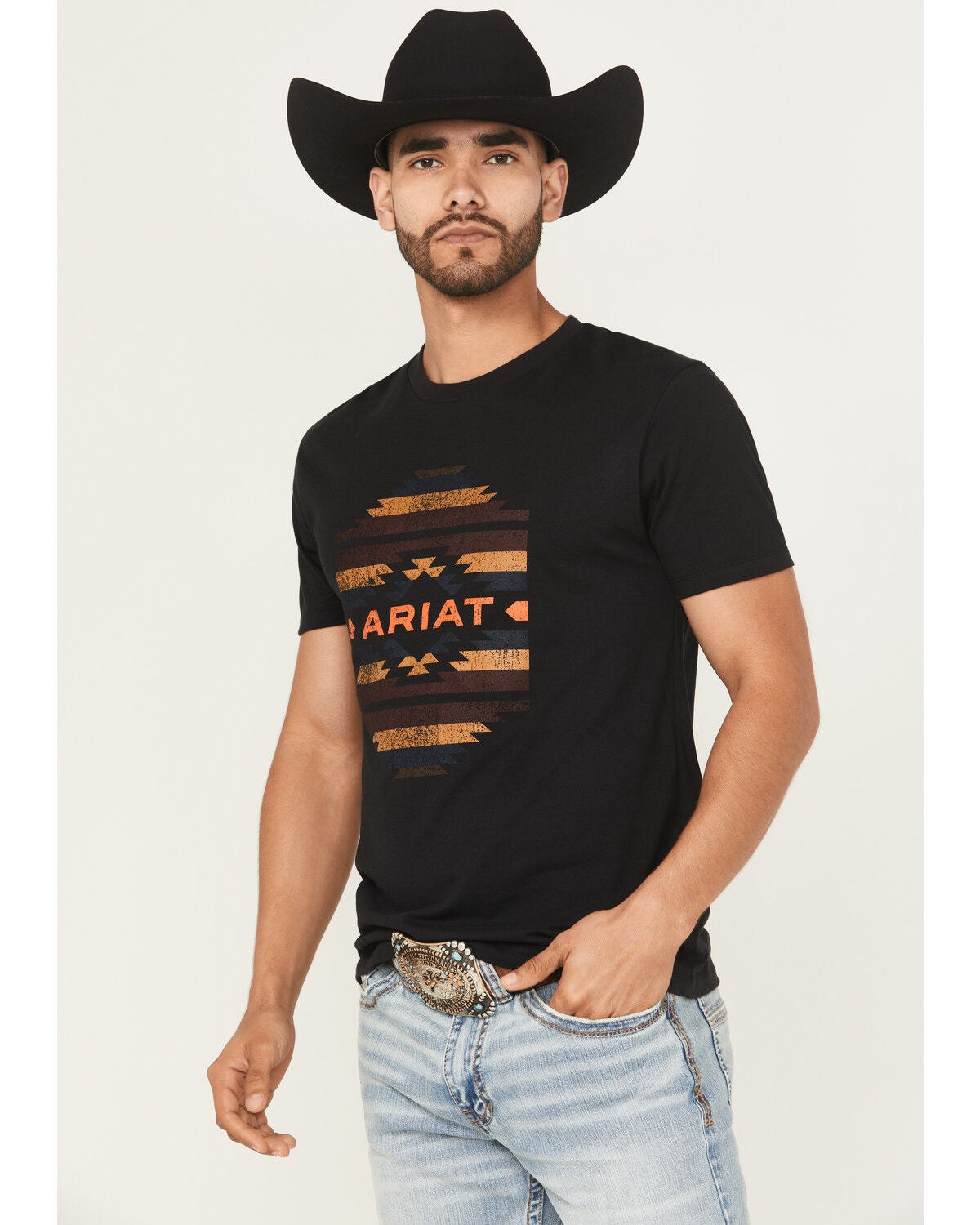 Ariat Men's Boot Barn Exclusive Zapoteco Geo Print Logo Short Sleeve Graphic T-Shirt, Black, hi-res