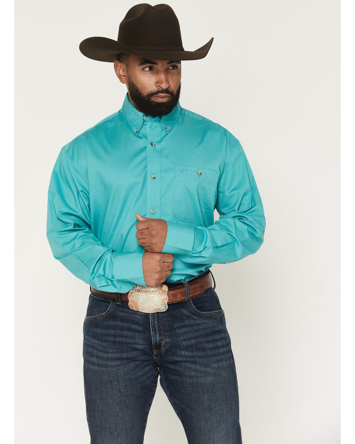 George Strait by Wrangler Men's Solid Long Sleeve Button-Down Stretch Western Shirt - Tall, Teal, hi-res