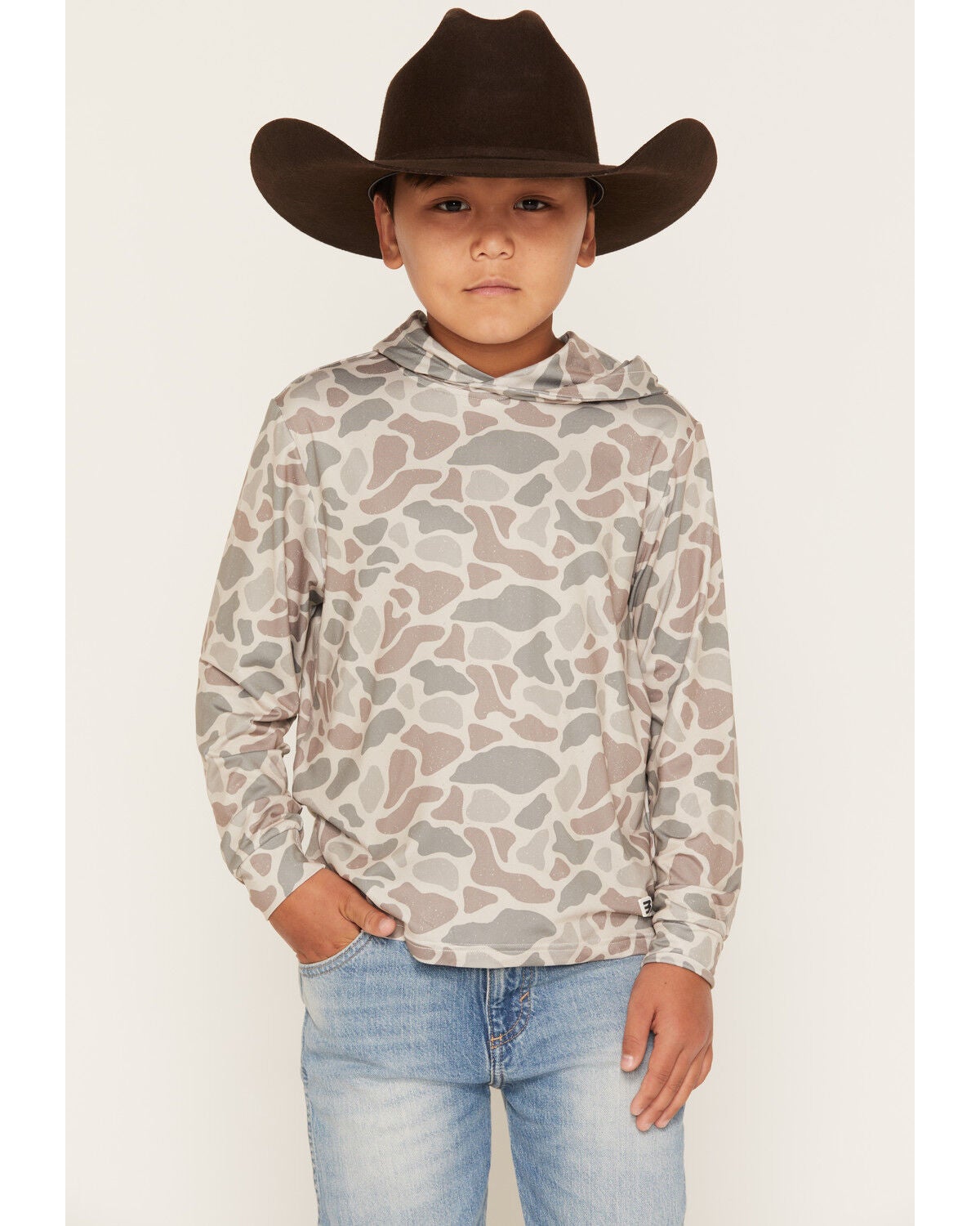Image #1 - Burlebo Boys' Camo Print Hooded Stretch Performance Shirt, Camouflage, hi-res