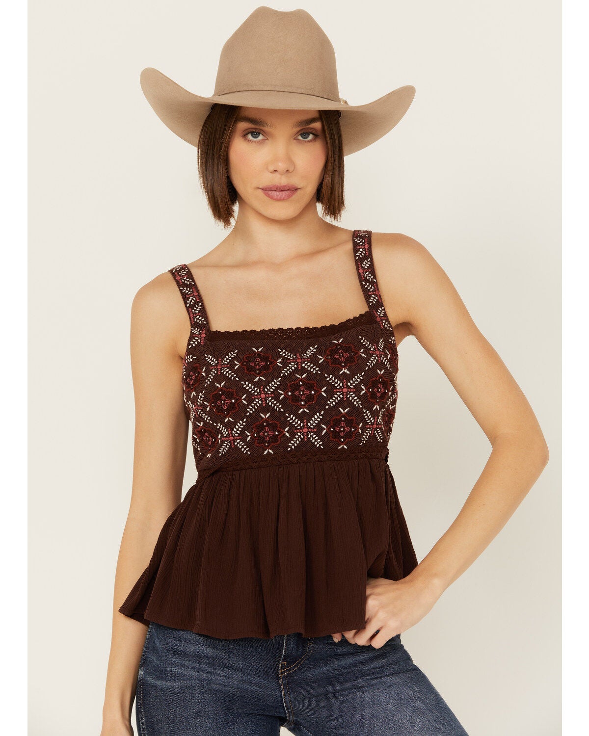 Shyanne Women's Tie Back Embellished Tank, Dark Brown, hi-res