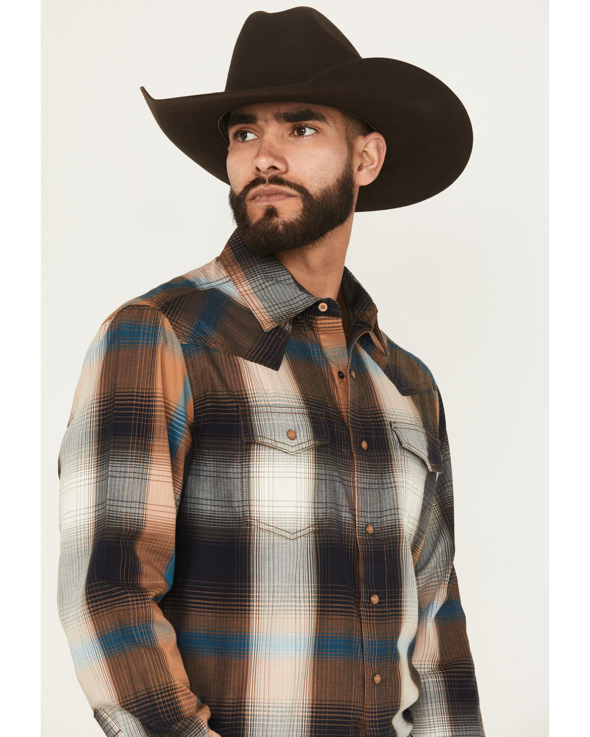 Image #2 - Wrangler Retro Men's Plaid Print Long Sleeve Snap Western Shirt, Brown, hi-res