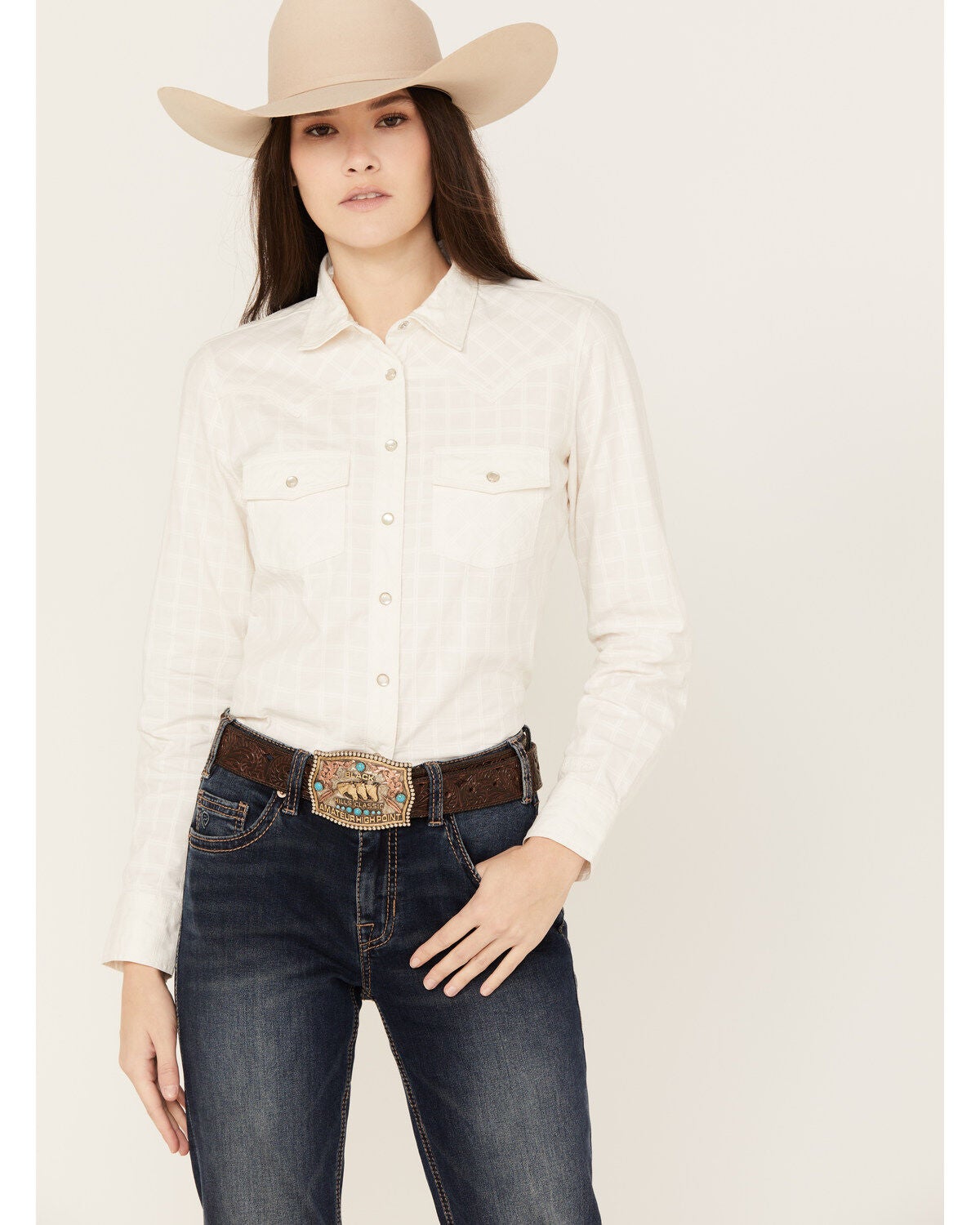 RANK 45&reg; Women's Textured Long Sleeve Pearl Snap Western Riding Shirt, White, hi-res