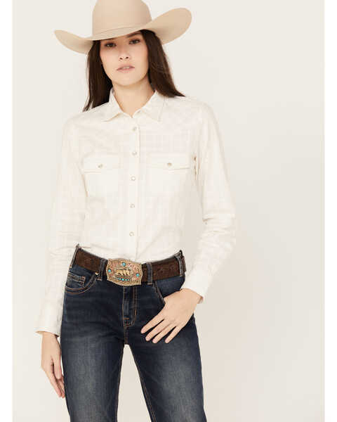 RANK 45 Women's Textured Long Sleeve Pearl Snap Western Riding Shirt, White, hi-res