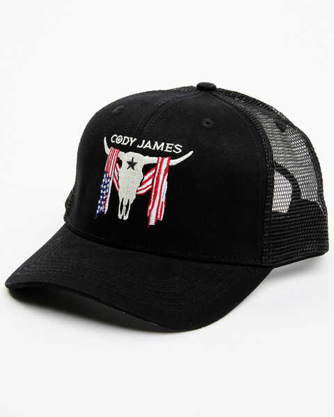 Cody James Men's Embroidered Steer Head American Flag Mesh Back Ball Cap, Black, hi-res