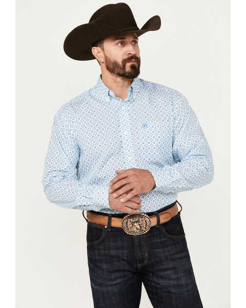 Ariat Men's Wayne Geo Print Long Sleeve Button-Down Shirt - Big, Aqua, hi-res