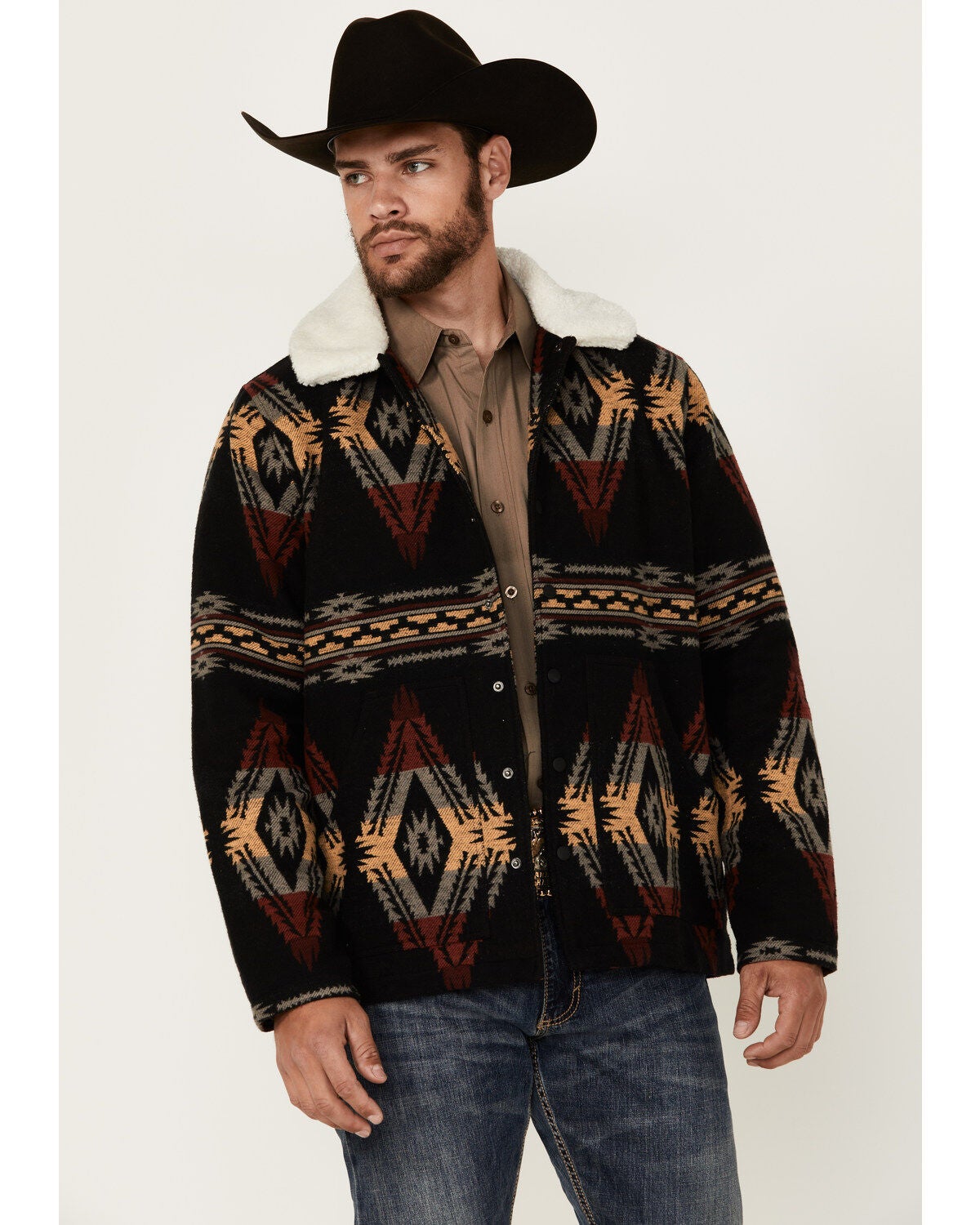 Rock & Roll Denim Men's Southwestern Print Snap Jacket, Charcoal, hi-res