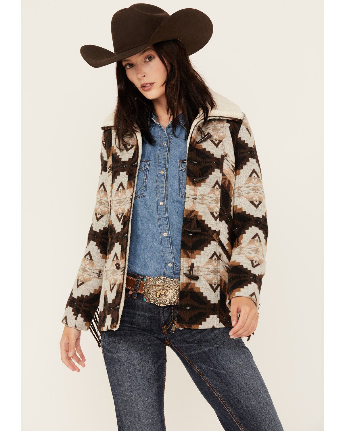 Powder River Outfitters Women's Southwestern Jacquard Fringe Coat, Brown, hi-res