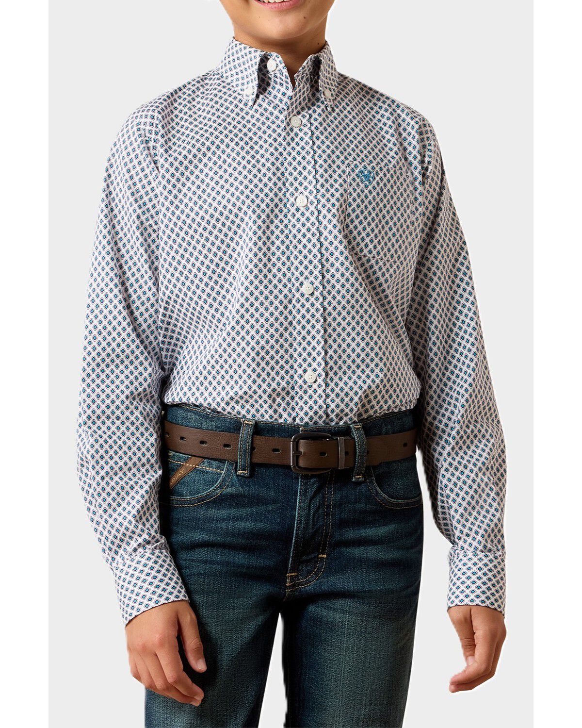 Ariat Boys' Geo Print Long Sleeve Button-Down Western Shirt, White, hi-res