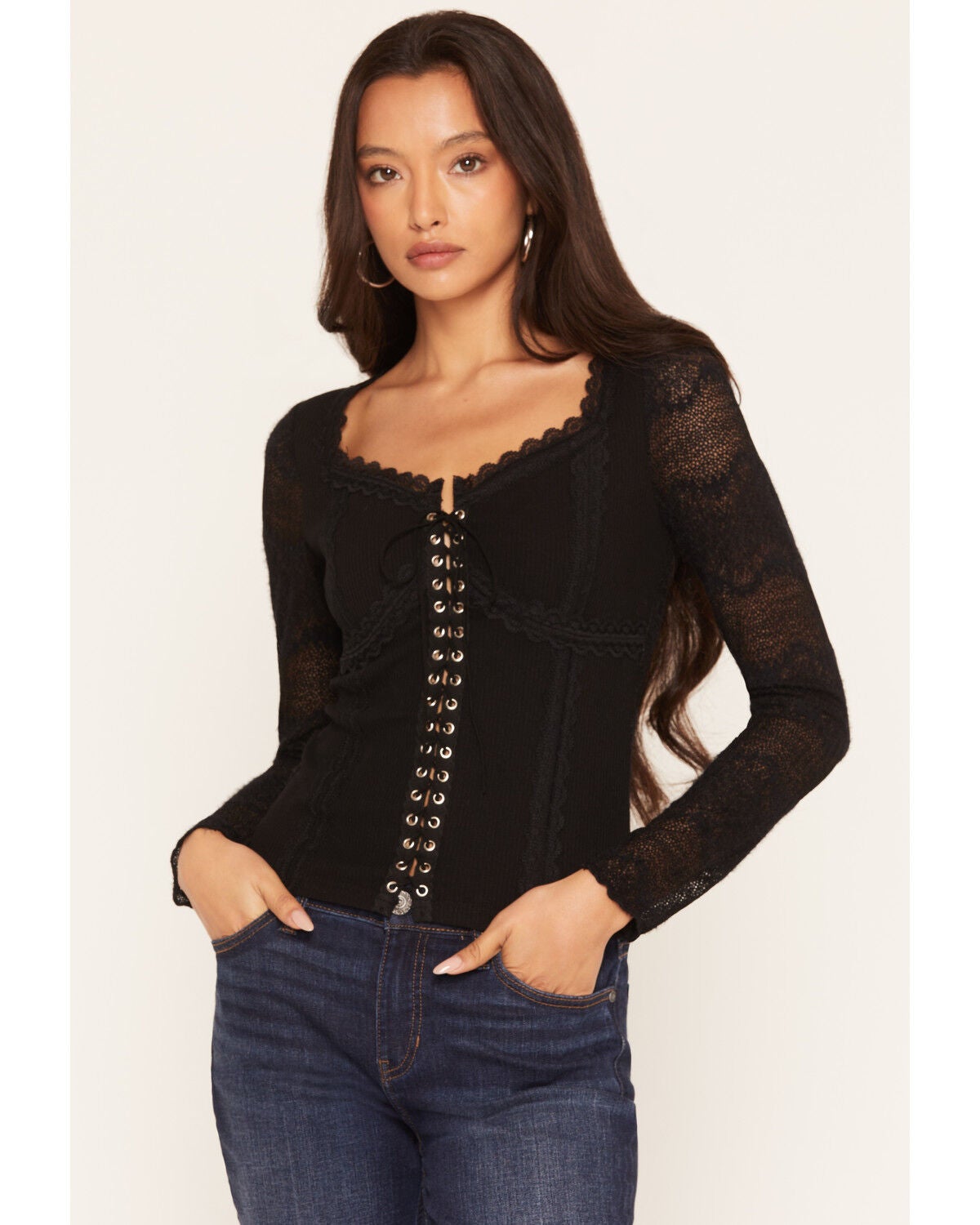Miss Me Women's Tie-Front Long Sleeve Top, Black, hi-res