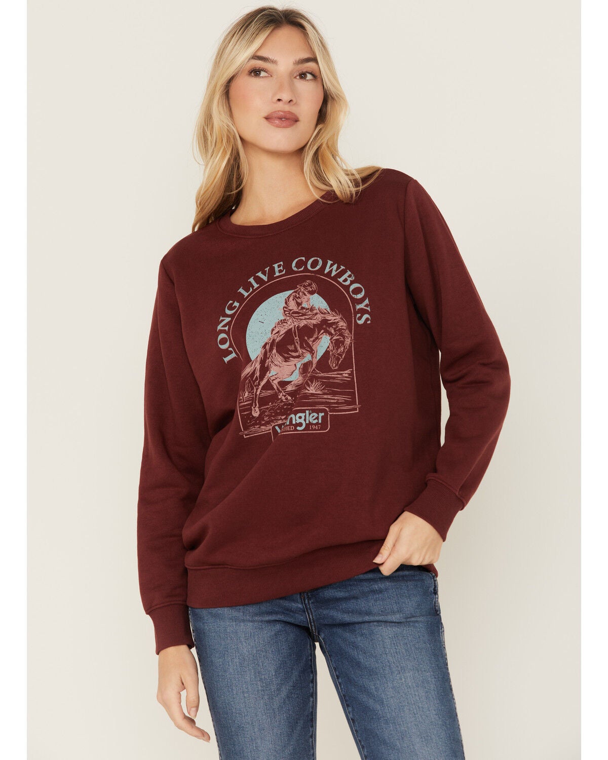Wrangler Women's Boot Barn Exclusive Long Live Cowboys Graphic Crewneck, Burgundy, hi-res
