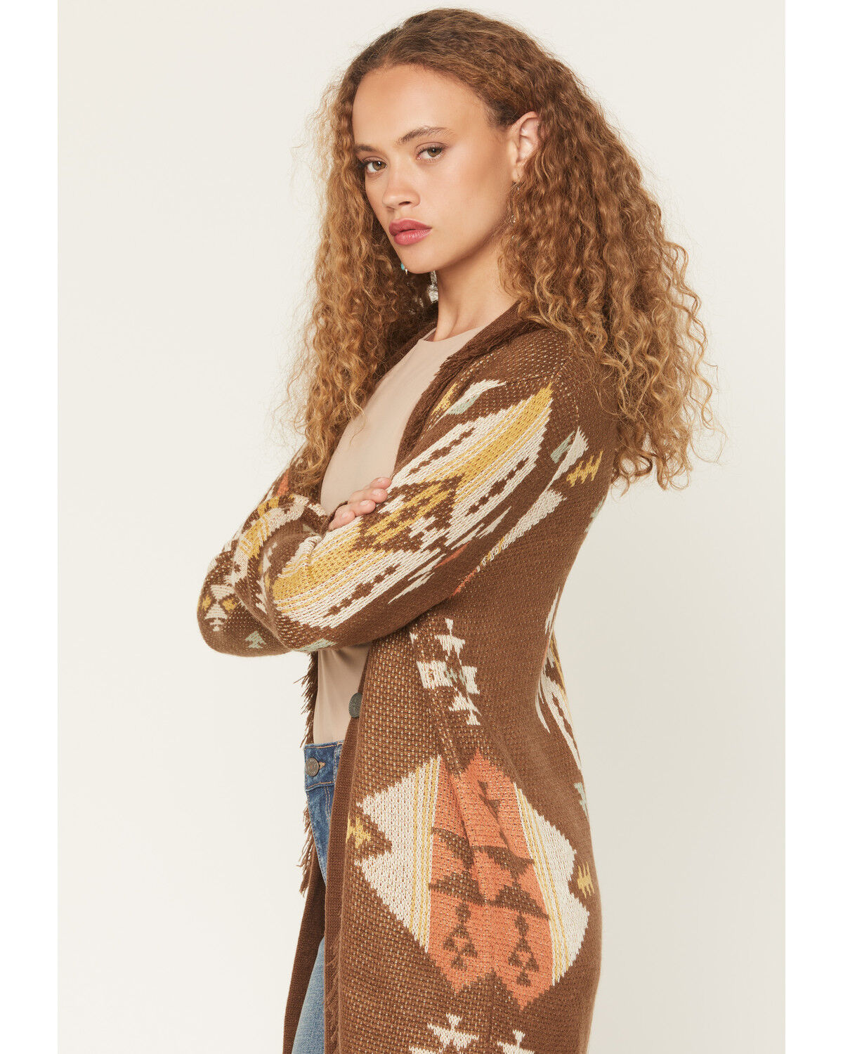 Image #2 - Rock & Roll Denim Women's Southwestern Print Concho Cardigan, Brown, hi-res