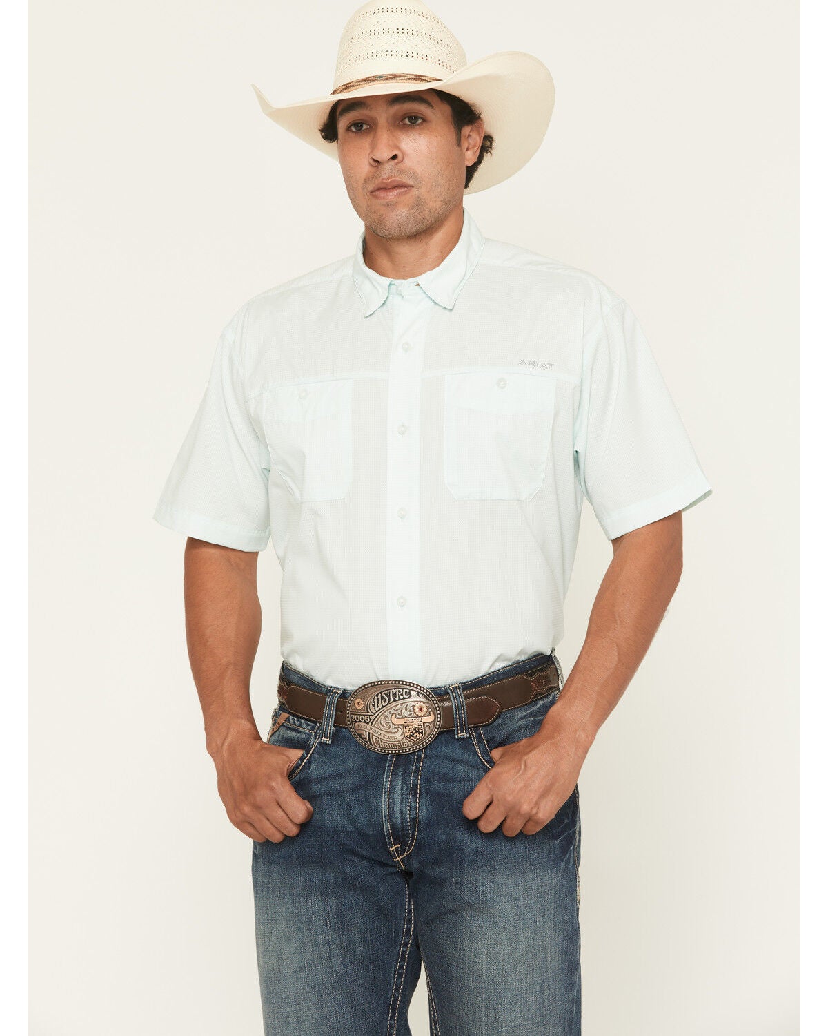 Ariat Men's 360 Airflow Classic Solid Long Sleeve Button-Down Performance Western Shirt, Aqua, hi-res