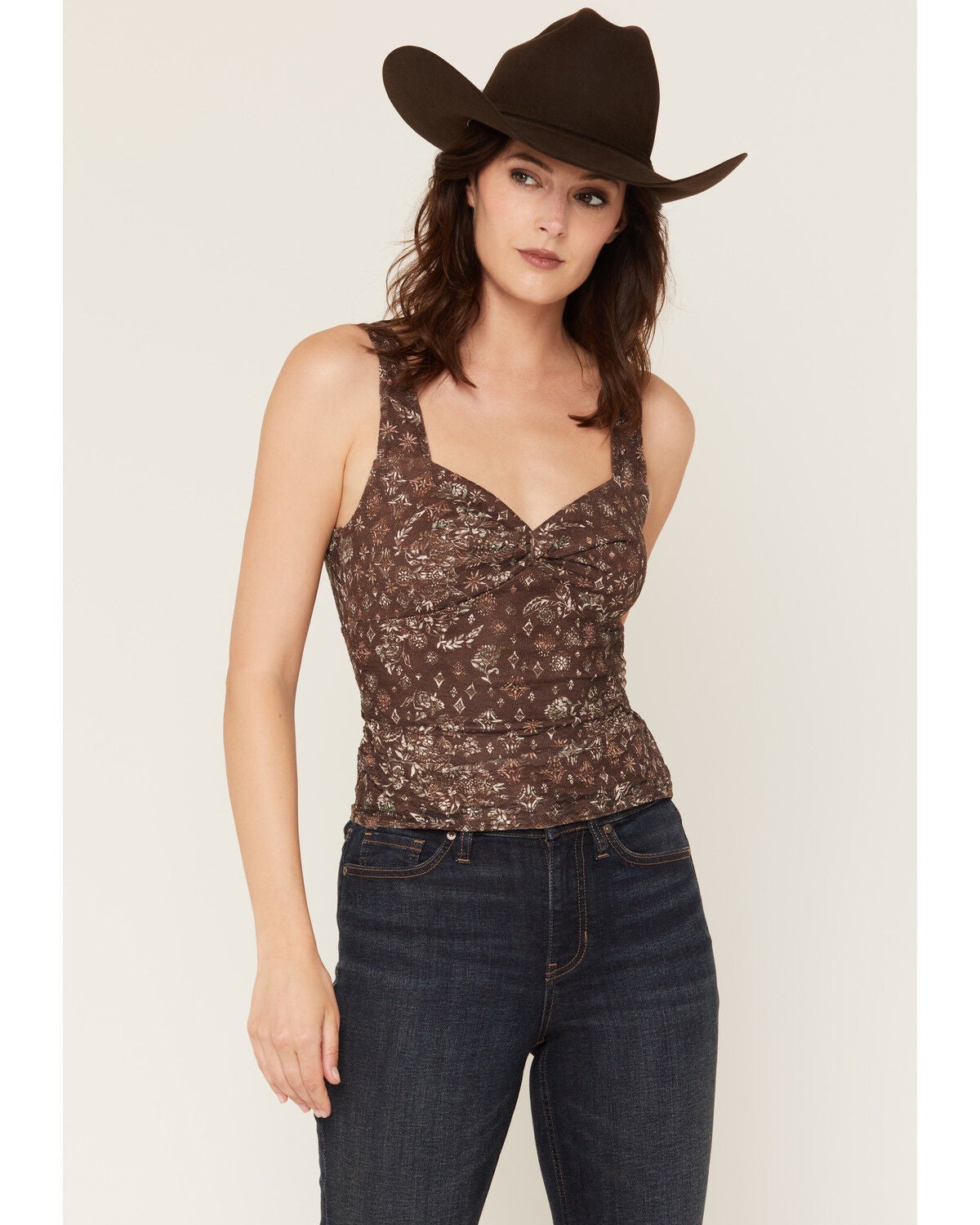 Image #1 - Originality Women's Printed Lace Twist Front Tank Top, Brown, hi-res