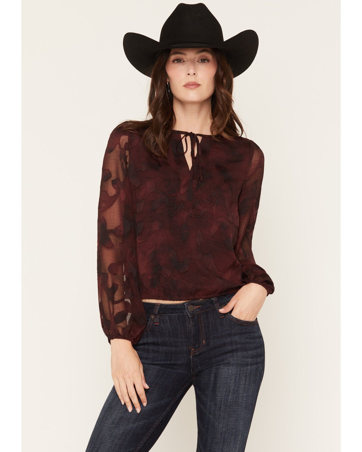 Idyllwind Women's Delwood Tie-Front Long Sleeve Blouse, Wine, hi-res
